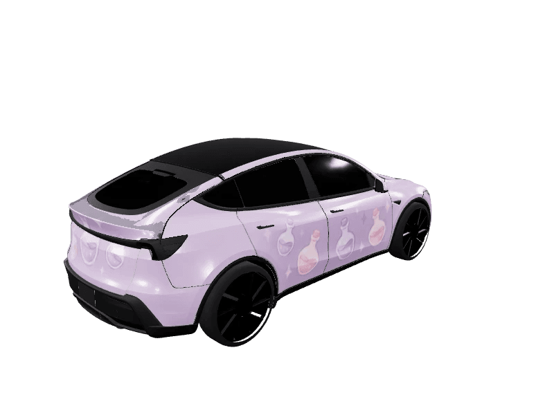Matte Lilac Potion Cat custom Tesla Model Y wrap design