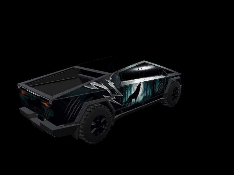 Howling Wolf Midnight Forest custom Tesla Cybertruck wrap design