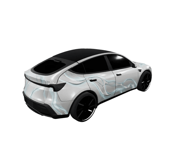 Satin Silver Liquid Blue Flow custom Tesla Model Y wrap design