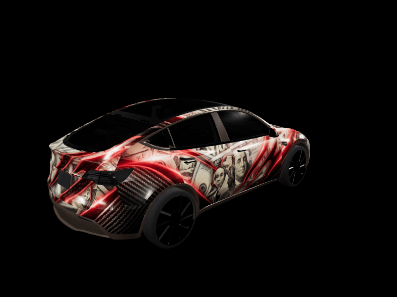 Crimson Currency Carbon custom Tesla Model Y wrap design
