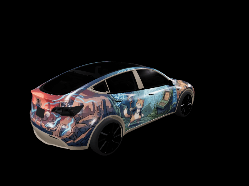 Dungeon Crawler Cat Quest custom Tesla Model Y wrap design