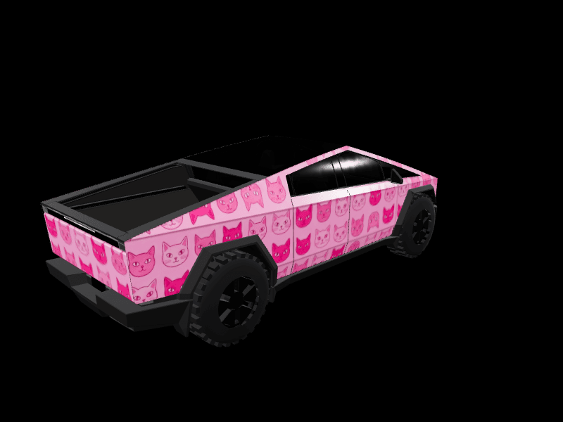 A Cybertruck in a pink wrap covered in rows of illustrated cat faces, a design from the FrunkLab gallery