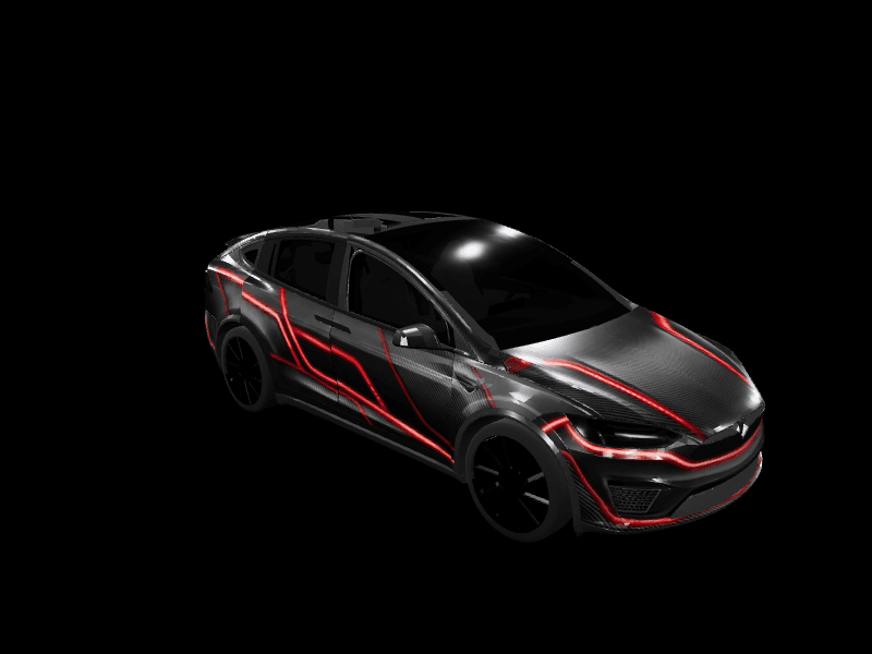 Tesla Model X wearing the Carbon Fiber Red Neon wrap: dark carbon weave with glowing red lines tracing the hood, doors and front bumper