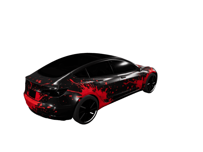 Matte Black Red Splatter custom Tesla Model 3 wrap design