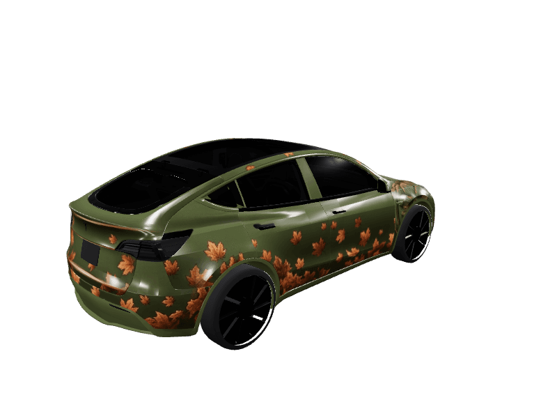 Autumn Maple Leaf Olive custom Tesla Model Y wrap design