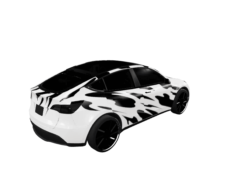 Gloss Cow Spot Racing custom Tesla Model Y wrap design