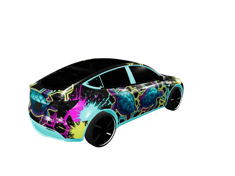 Neon Turtle Hexagon Splatter custom Tesla Model Y wrap design