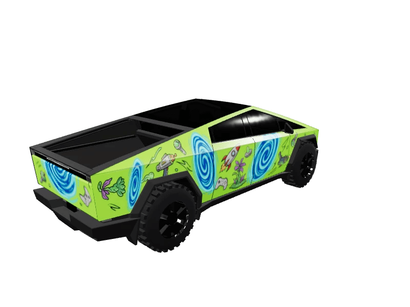 Neon Green SciFi Portal custom Tesla Cybertruck wrap design