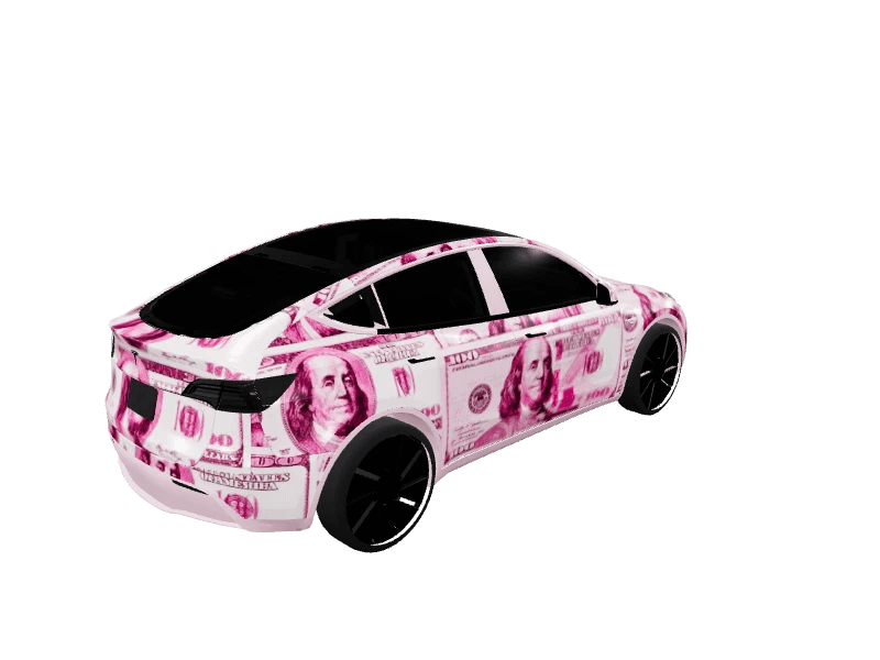 Pink Money Glitter Satin custom Tesla Model Y wrap design