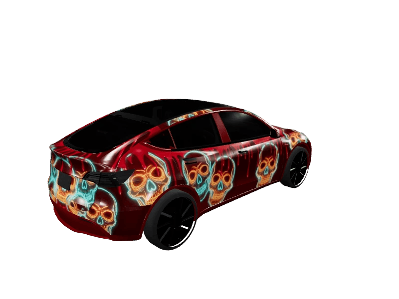 Neon Skull Blood Drip custom Tesla Model Y wrap design