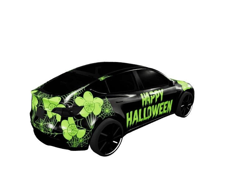 Neon Halloween Spider Web custom Tesla Model Y wrap design