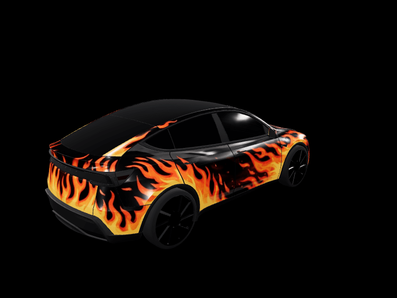 Gloss Orange Red Flames custom Tesla Model Y wrap design
