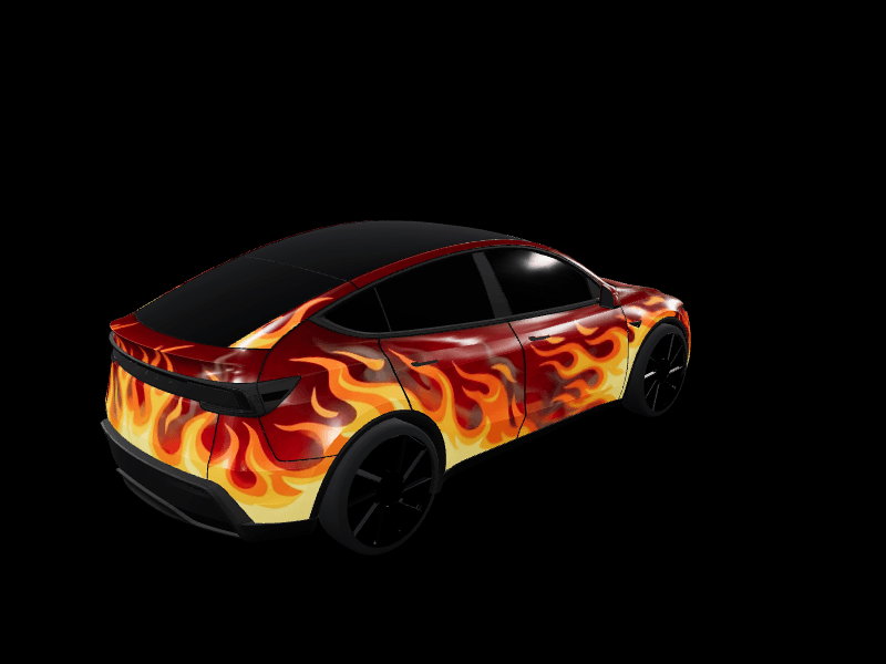Fiery Orange Flames custom Tesla Model Y wrap design