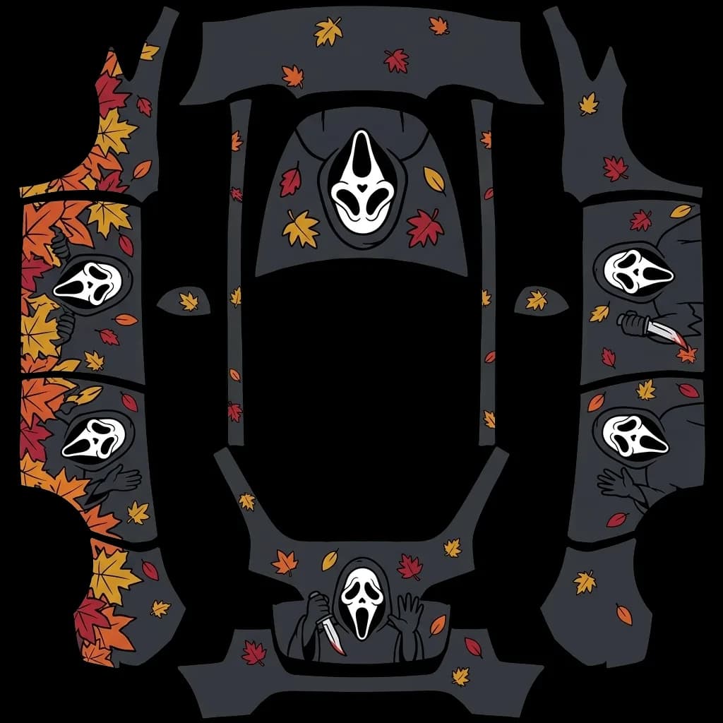 Ghost Face Autumn Leaves: flat Tesla Paint Shop wrap file for the Tesla Model Y