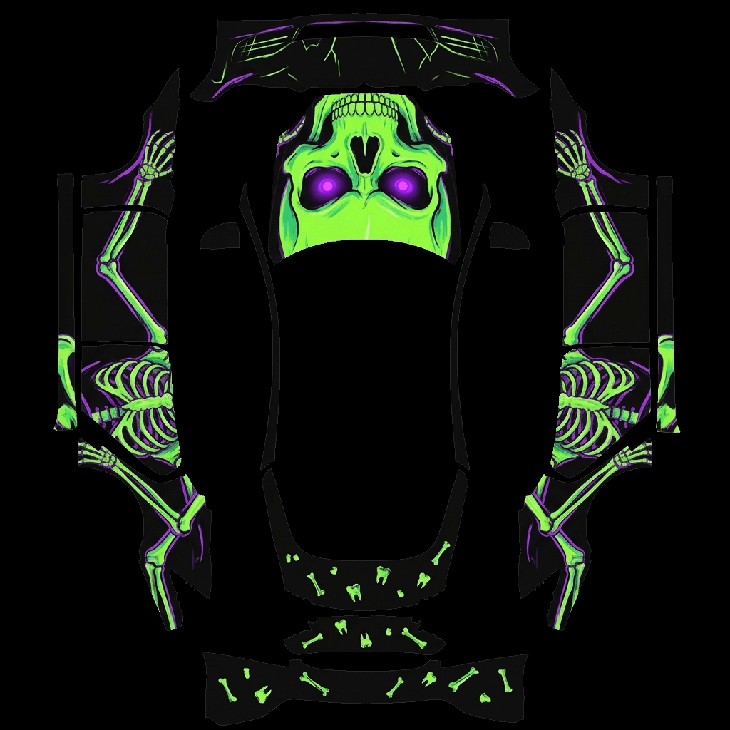 Neon Skull Skeleton: flat Tesla Paint Shop wrap file for the Tesla Model S