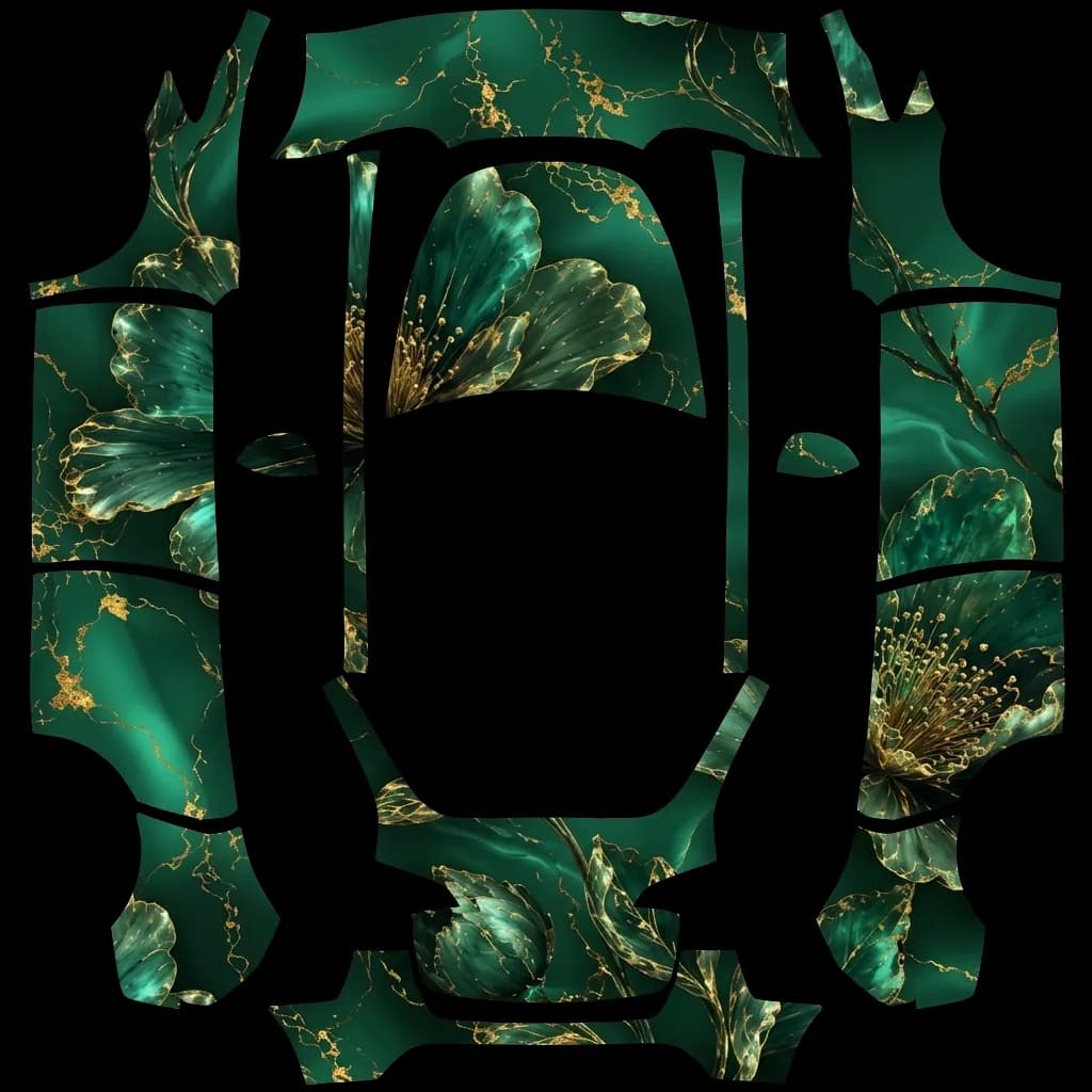 Emerald Gold Botanical Floral: flat Tesla Paint Shop wrap file for the Tesla Model Y