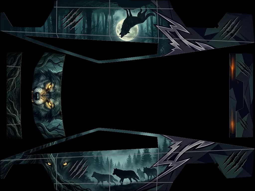 Howling Wolf Midnight Forest: flat Tesla Paint Shop wrap file for the Tesla Cybertruck