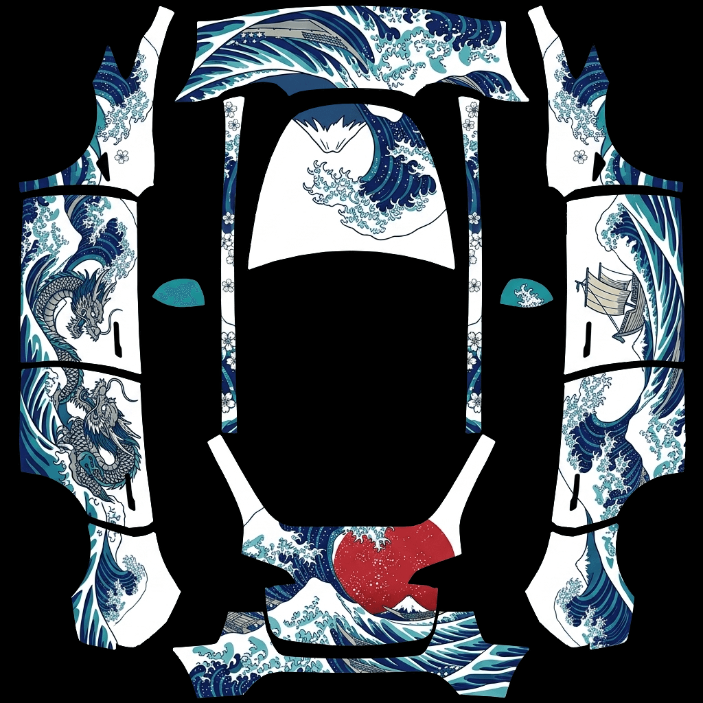 The Great Wave Ukiyo-e: flat Tesla Paint Shop wrap file for the Tesla Model Y