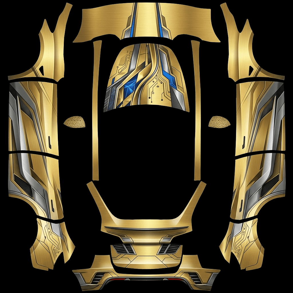 Gilded Circuit Racer: flat Tesla Paint Shop wrap file for the Tesla Model Y