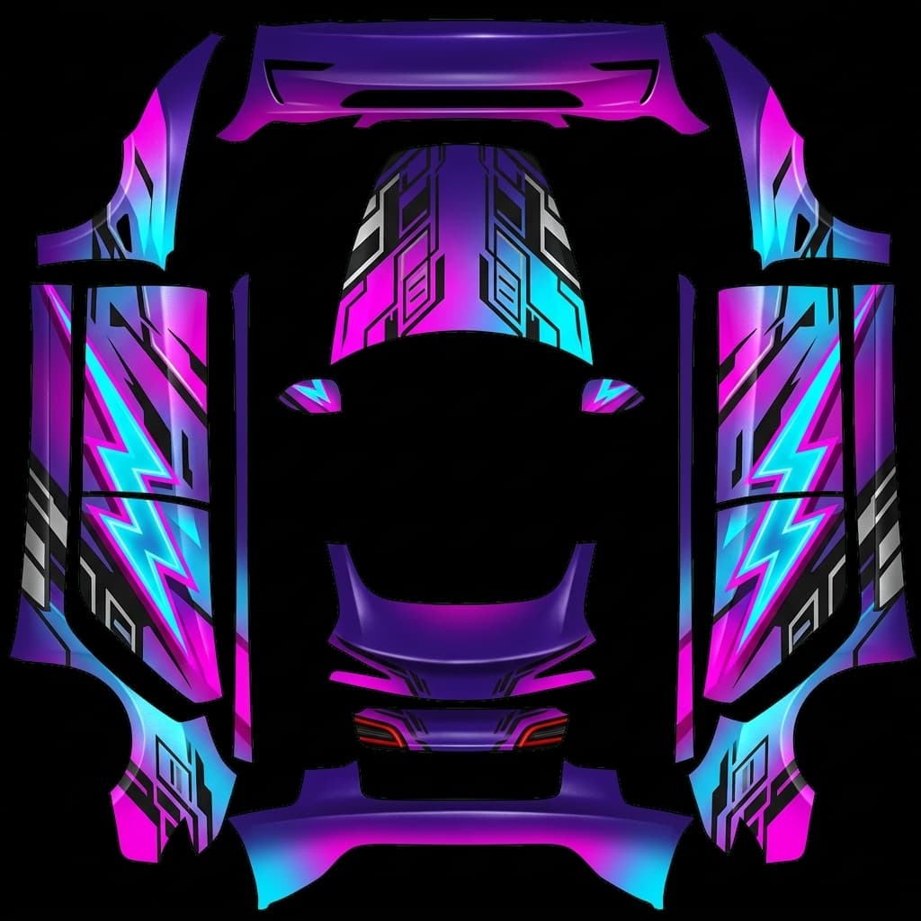 Itasha neo-Tokyo racing - Model 3 Highland Base: flat Tesla Paint Shop wrap file for the Tesla Model 3