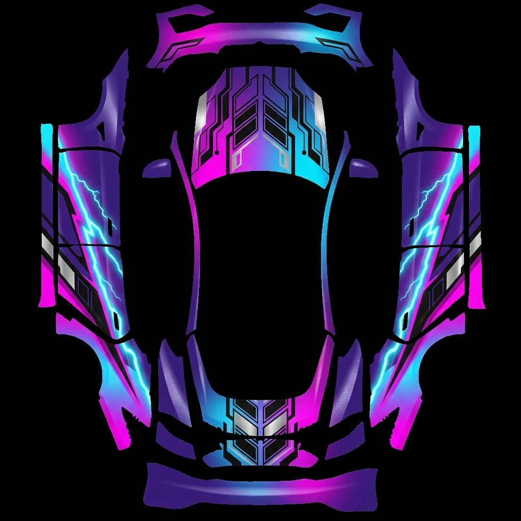 Itasha neo-Tokyo racing - Model S Plaid (2021+): flat Tesla Paint Shop wrap file for the Tesla Model S