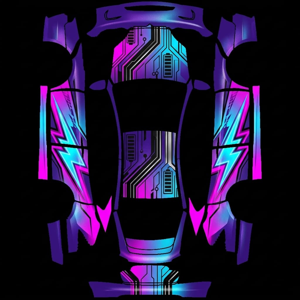 Itasha neo-Tokyo racing - Model X All Variants: flat Tesla Paint Shop wrap file for the Tesla Model X
