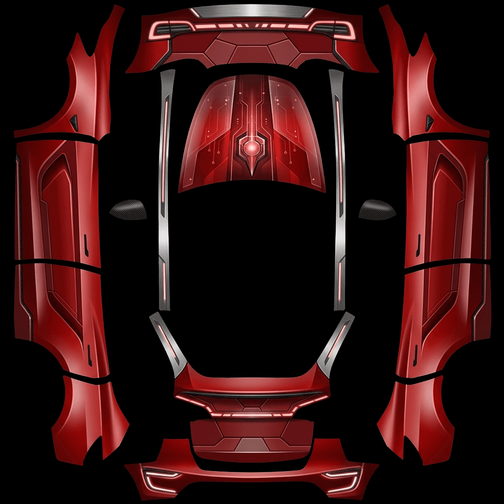 Crimson Velocity Prototype: flat Tesla Paint Shop wrap file for the Tesla Model Y