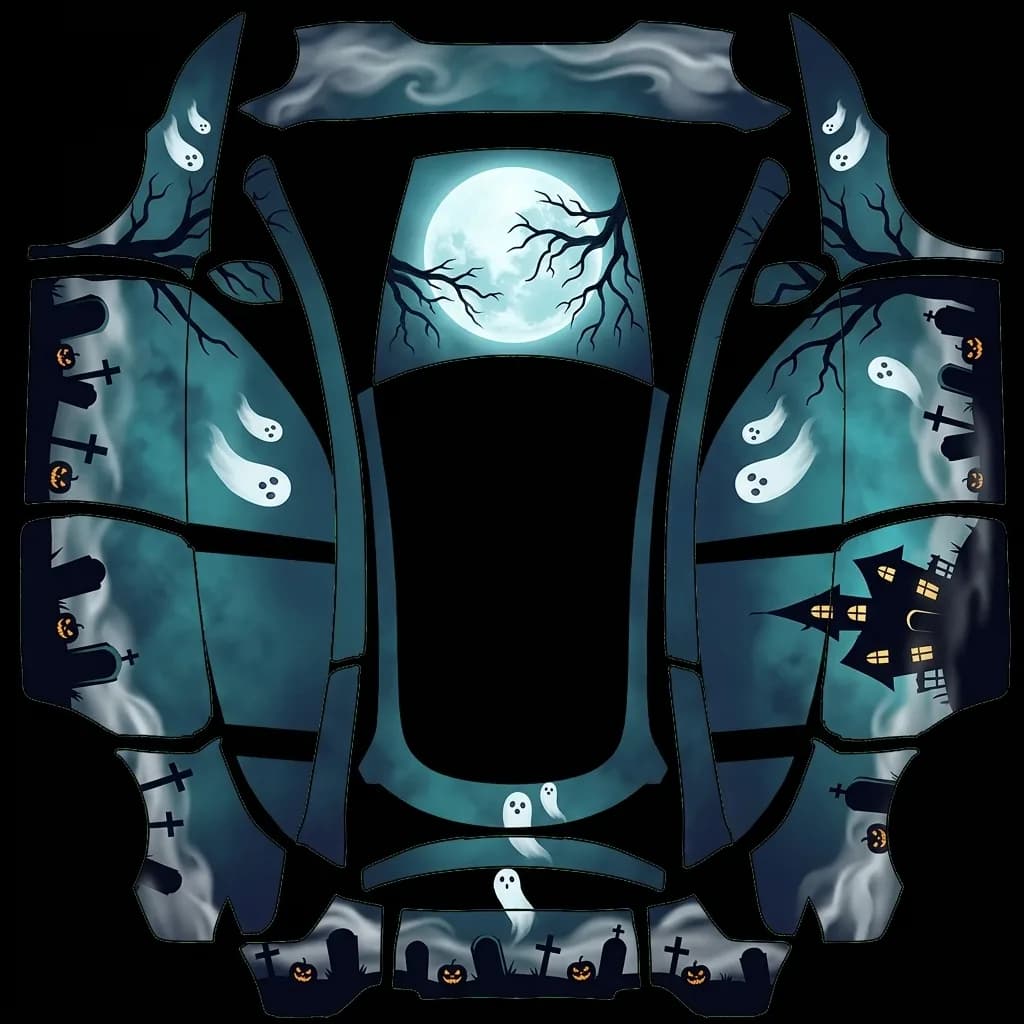 Haunted Hollow Ghosts - Model Y L (three-row): flat Tesla Paint Shop wrap file for the Tesla Model Y