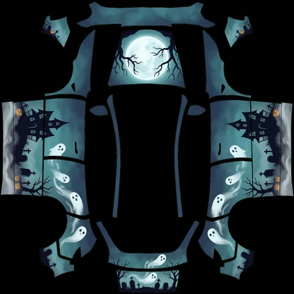 Haunted Hollow Ghosts - Model Y Juniper Base: flat Tesla Paint Shop wrap file for the Tesla Model Y