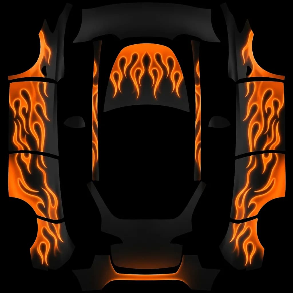 Satin Orange Flames: flat Tesla Paint Shop wrap file for the Tesla Model Y
