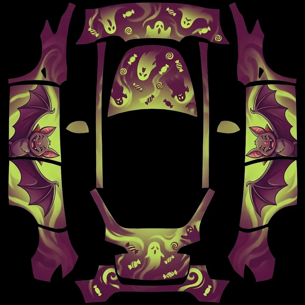 Satin Halloween Bat Fun: flat Tesla Paint Shop wrap file for the Tesla Model Y