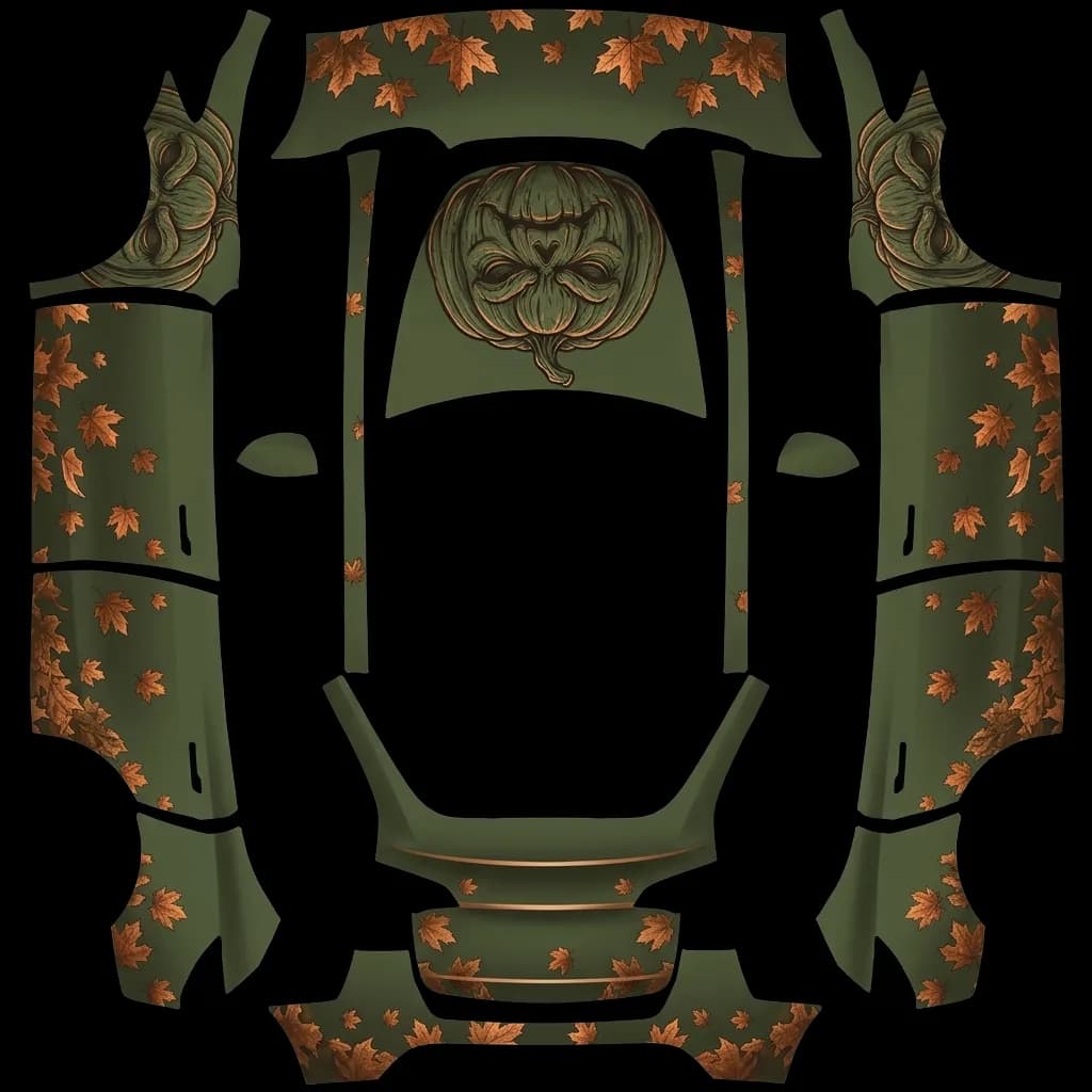 Autumn Maple Leaf Olive: flat Tesla Paint Shop wrap file for the Tesla Model Y