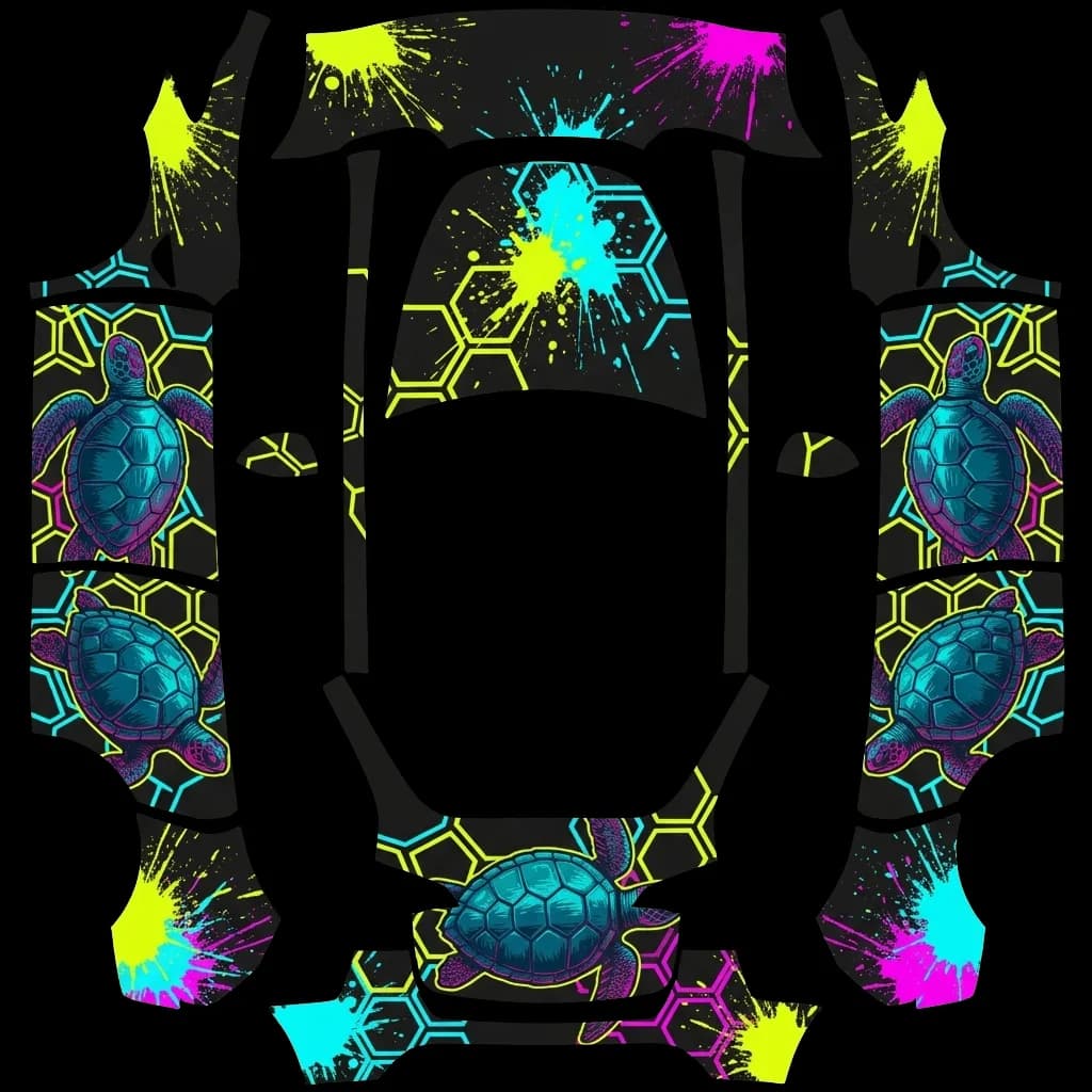 Neon Turtle Hexagon Splatter: flat Tesla Paint Shop wrap file for the Tesla Model Y