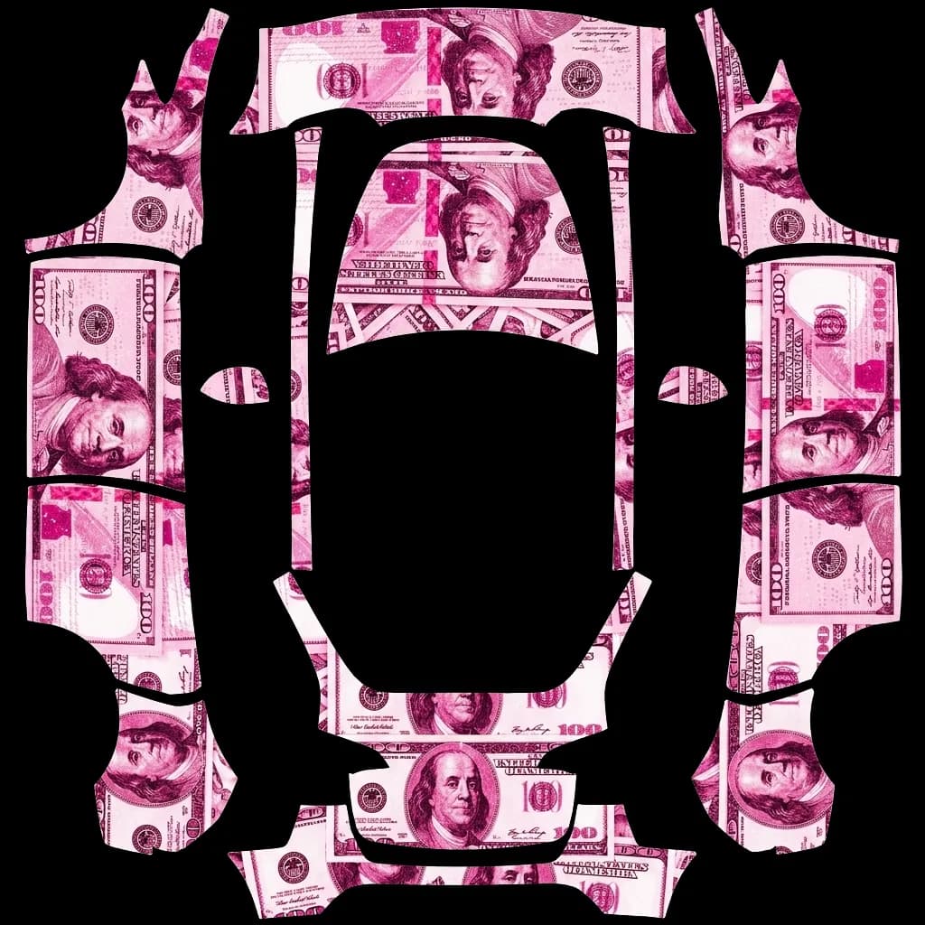 Pink Money Glitter Satin: flat Tesla Paint Shop wrap file for the Tesla Model Y