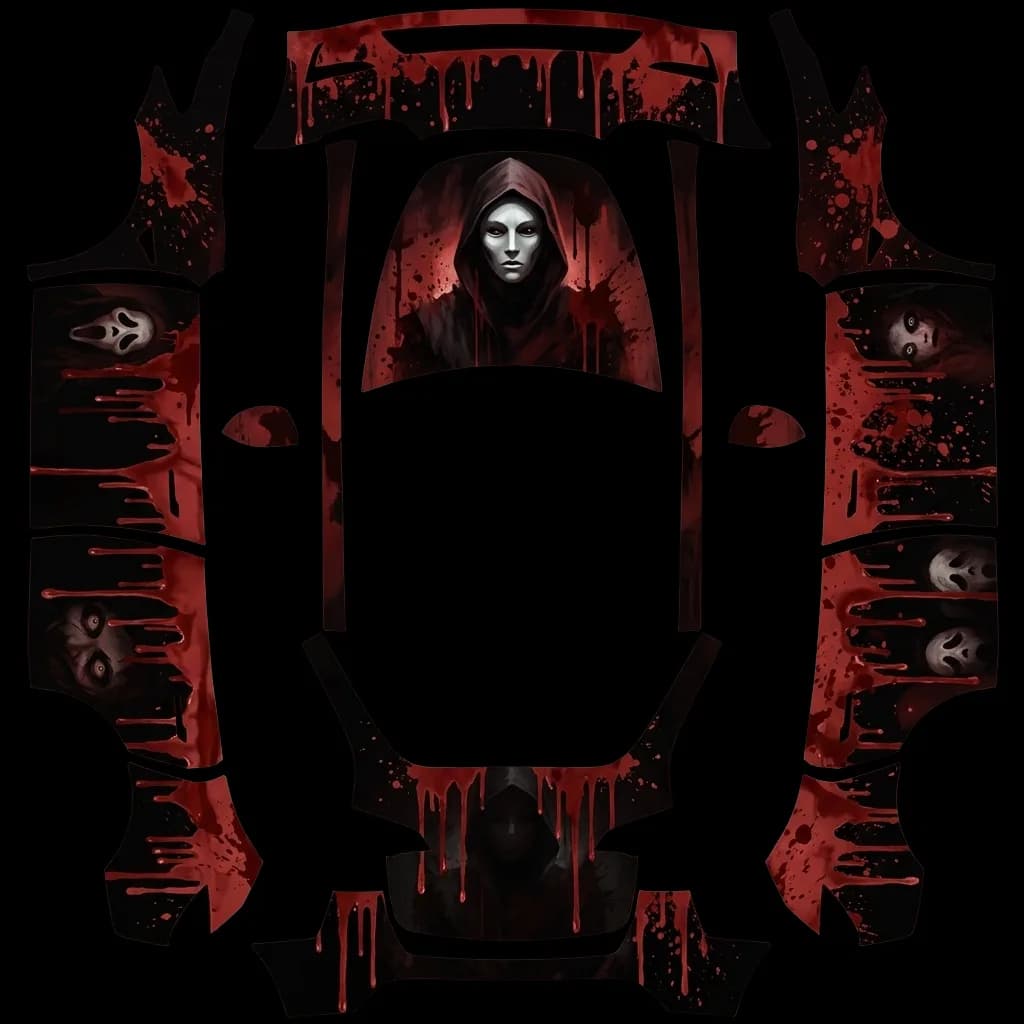 Matte Horror Blood Slasher: flat Tesla Paint Shop wrap file for the Tesla Model Y