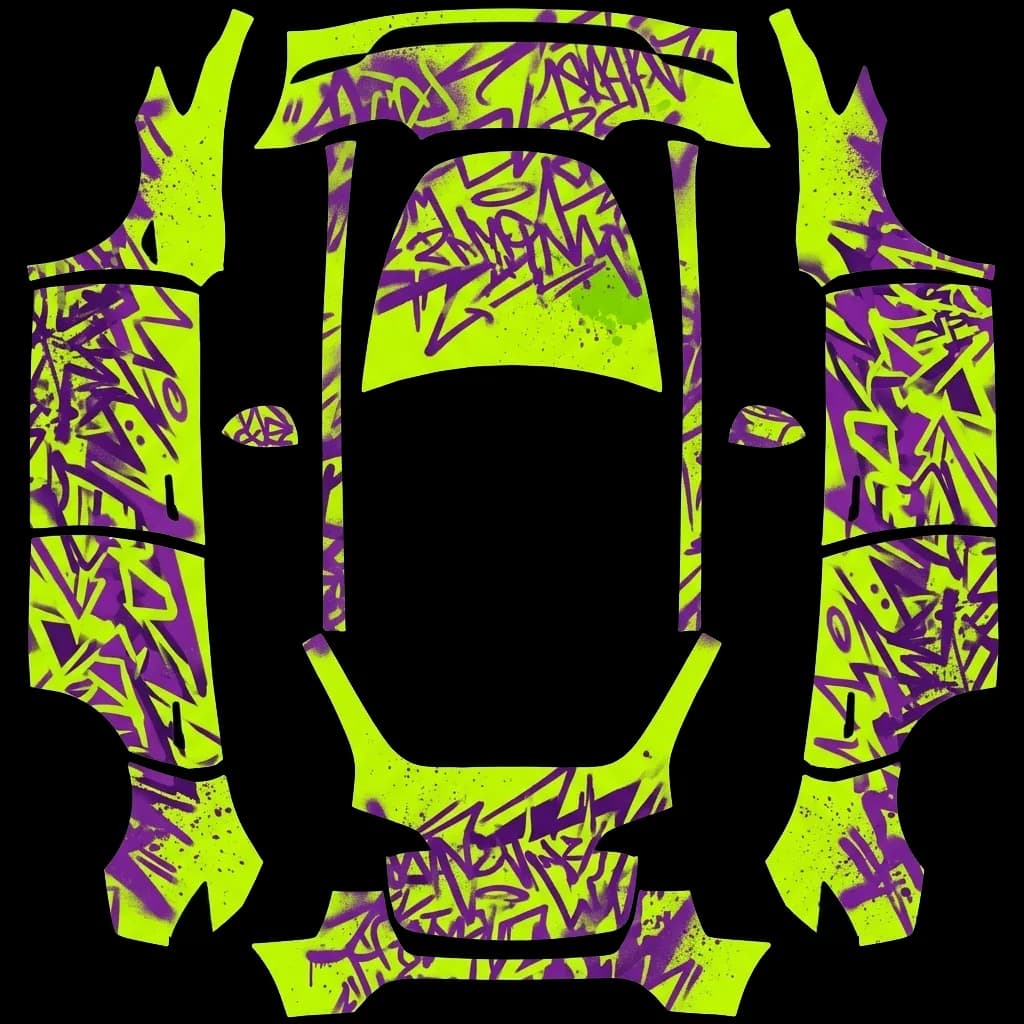 Matte Acid Green Graffiti: flat Tesla Paint Shop wrap file for the Tesla Model Y