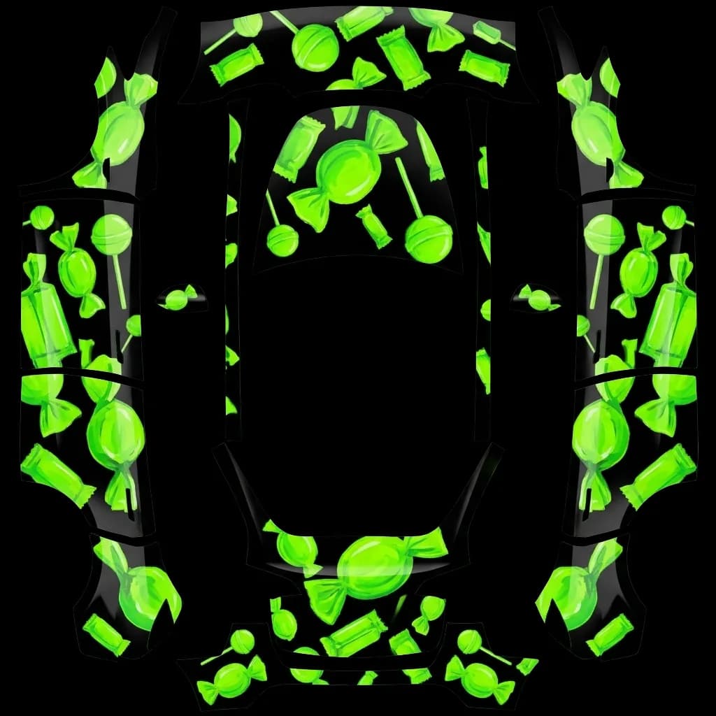 Neon Green Candy Pattern: flat Tesla Paint Shop wrap file for the Tesla Model Y