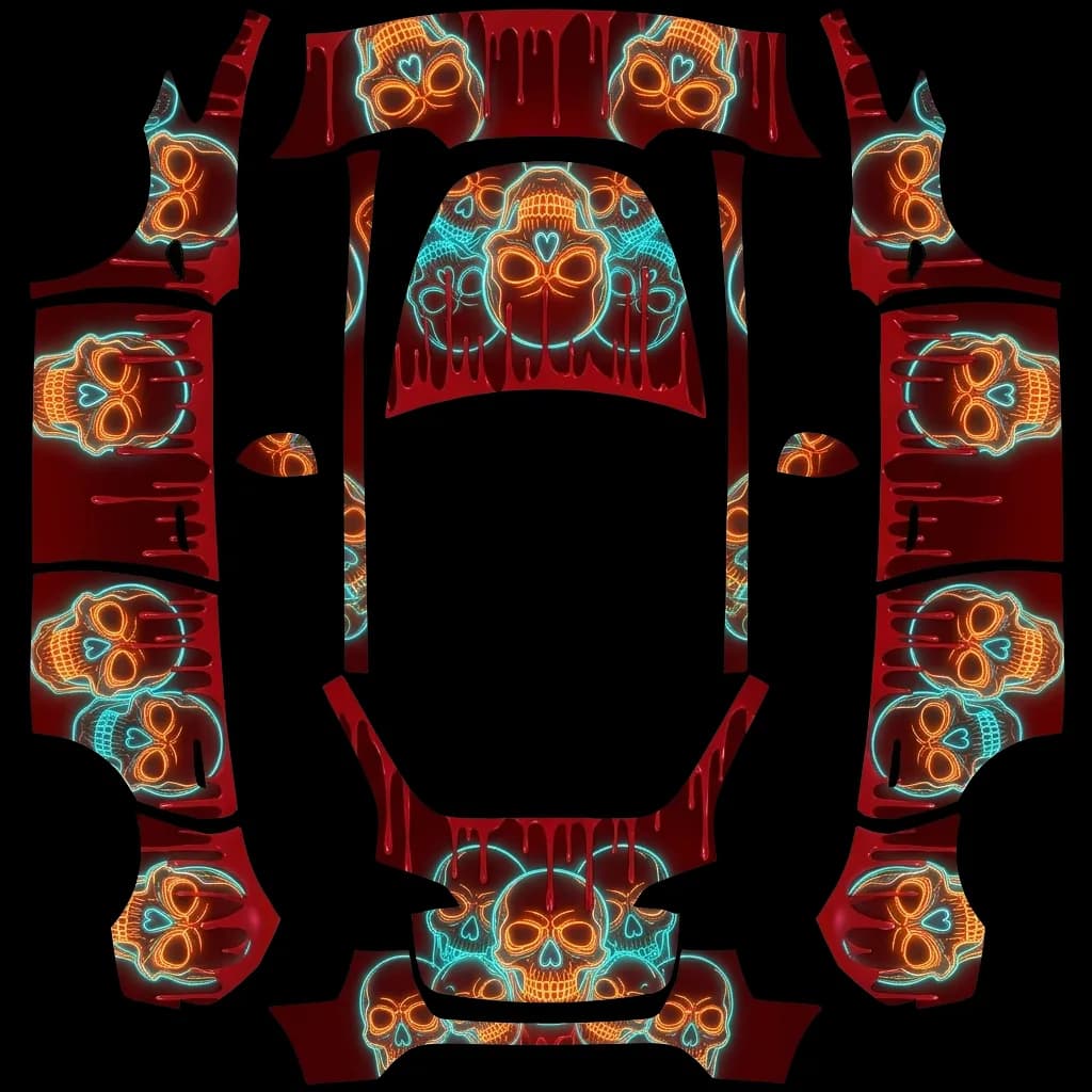 Neon Skull Blood Drip: flat Tesla Paint Shop wrap file for the Tesla Model Y