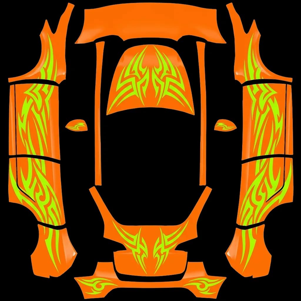 Orange Neon Tribal Racing: flat Tesla Paint Shop wrap file for the Tesla Model Y