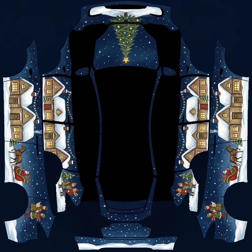 Snowy Village Night - Model X All Variants: flat Tesla Paint Shop wrap file for the Tesla Model X