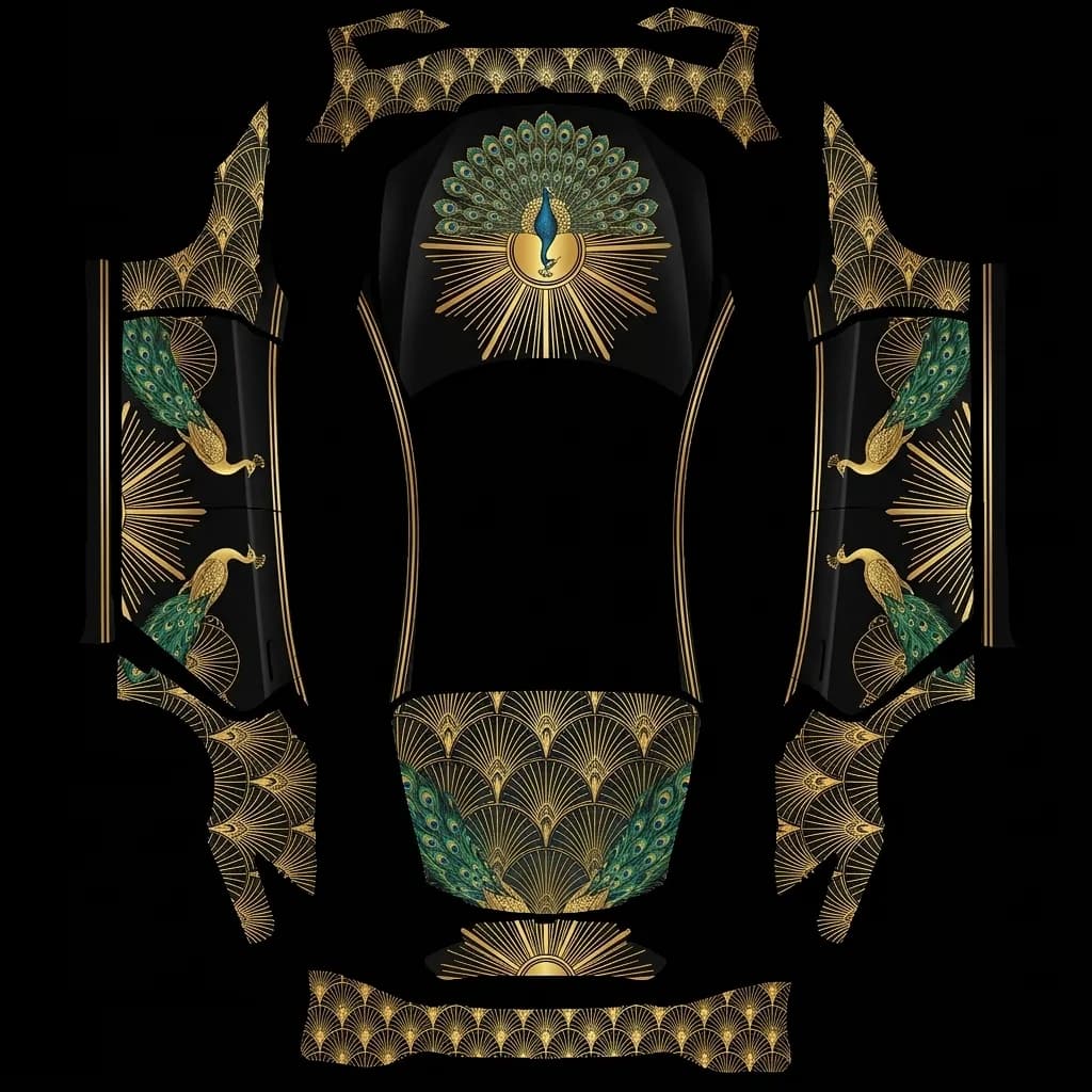 Art Deco Peacock - Model S Plaid (2021+): flat Tesla Paint Shop wrap file for the Tesla Model S