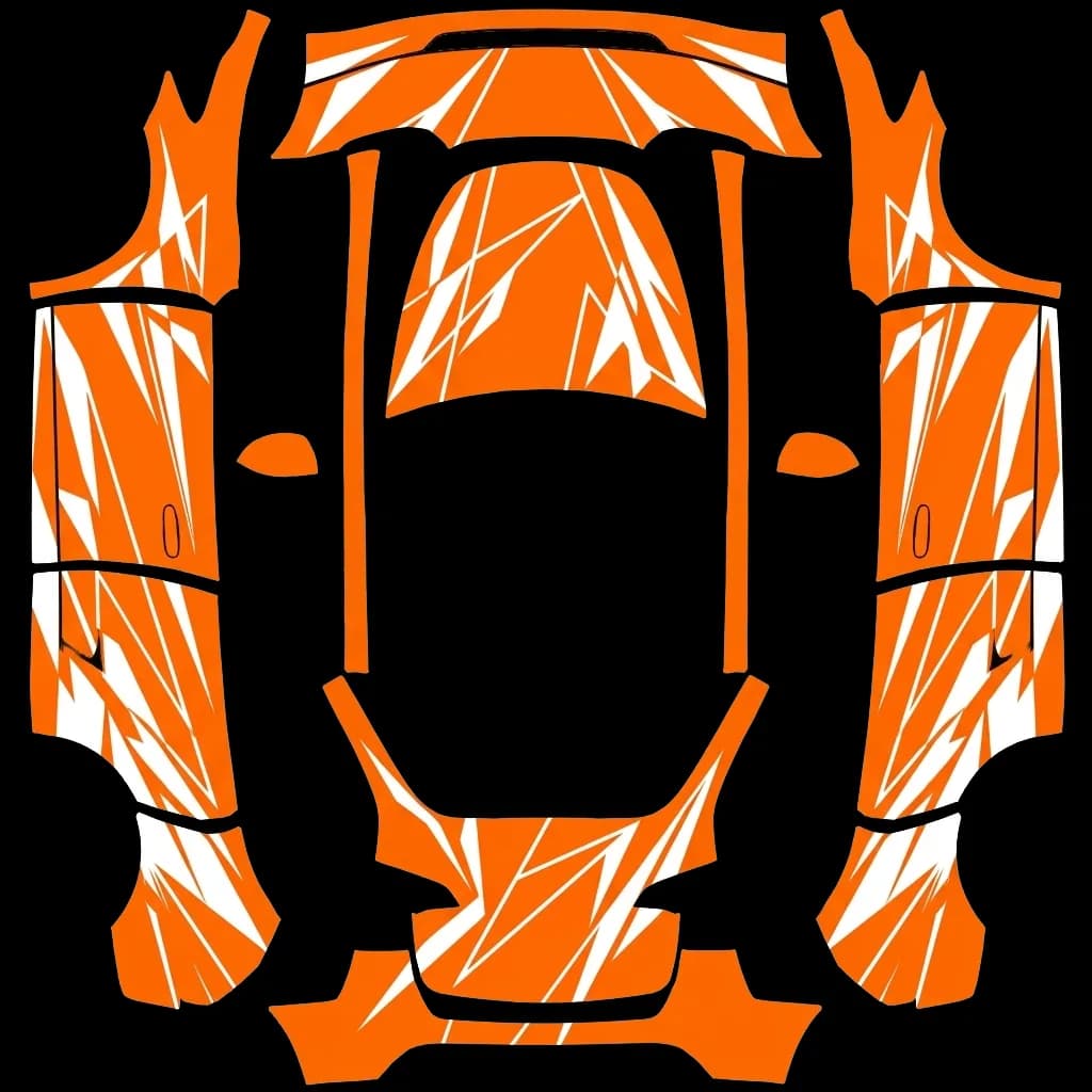 Matte Orange Geometric Shards: flat Tesla Paint Shop wrap file for the Tesla Model Y