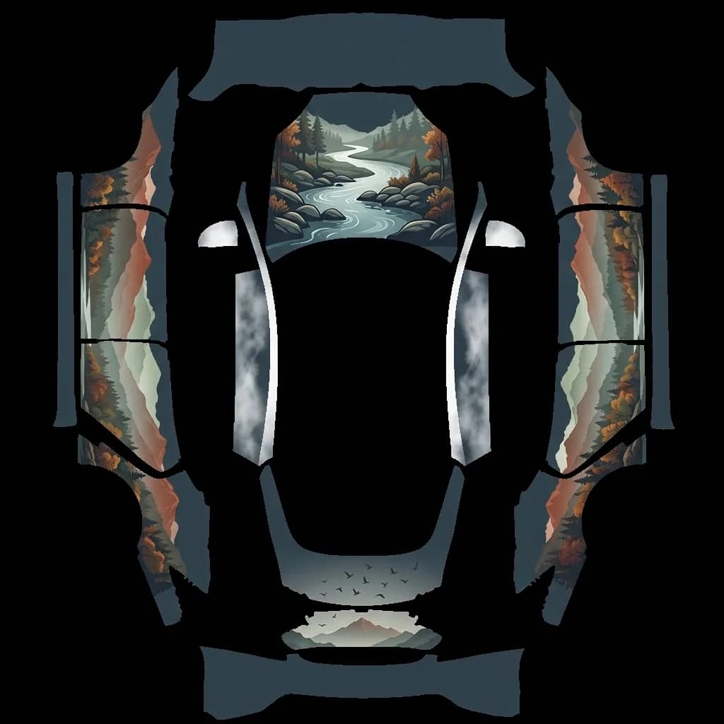 Misty Autumn Mountains - Model S Pre-2021 (Original): flat Tesla Paint Shop wrap file for the Tesla Model S