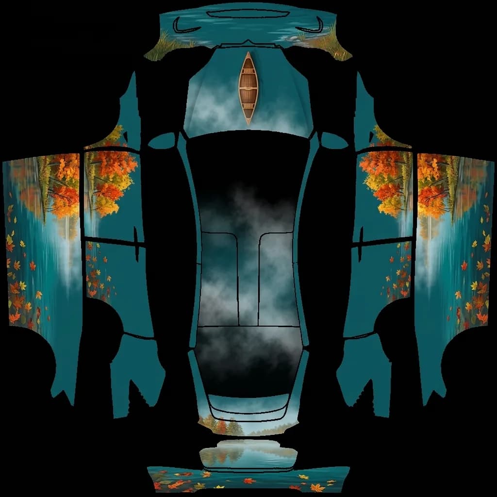 Autumn Lake Reflection - Model X All Variants: flat Tesla Paint Shop wrap file for the Tesla Model X