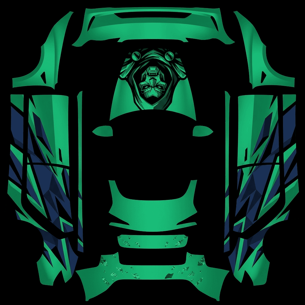 Emerald Green Armored Villain: flat Tesla Paint Shop wrap file for the Tesla Model 3