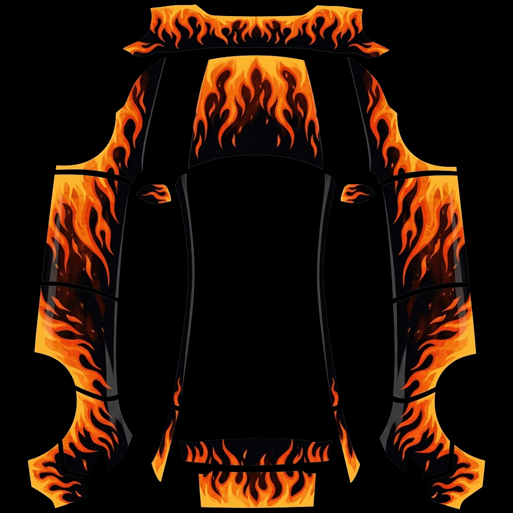 Gloss Orange Red Flames: flat Tesla Paint Shop wrap file for the Tesla Model Y