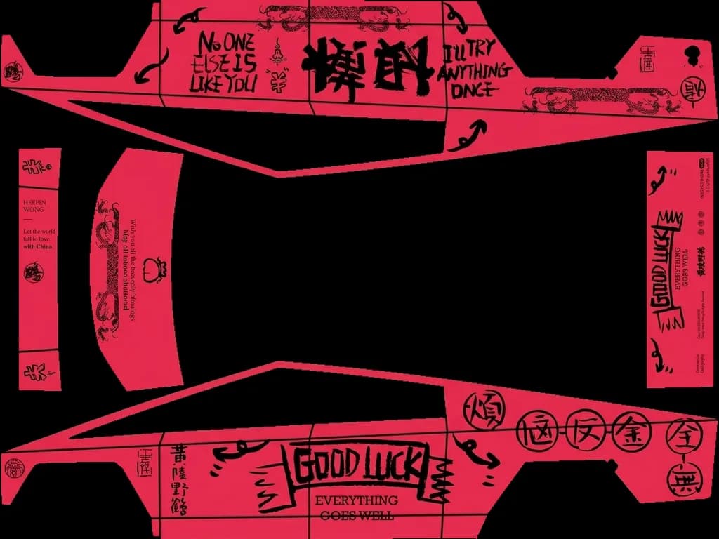 Red Graffiti Calligraphy: flat Tesla Paint Shop wrap file for the Tesla Cybertruck