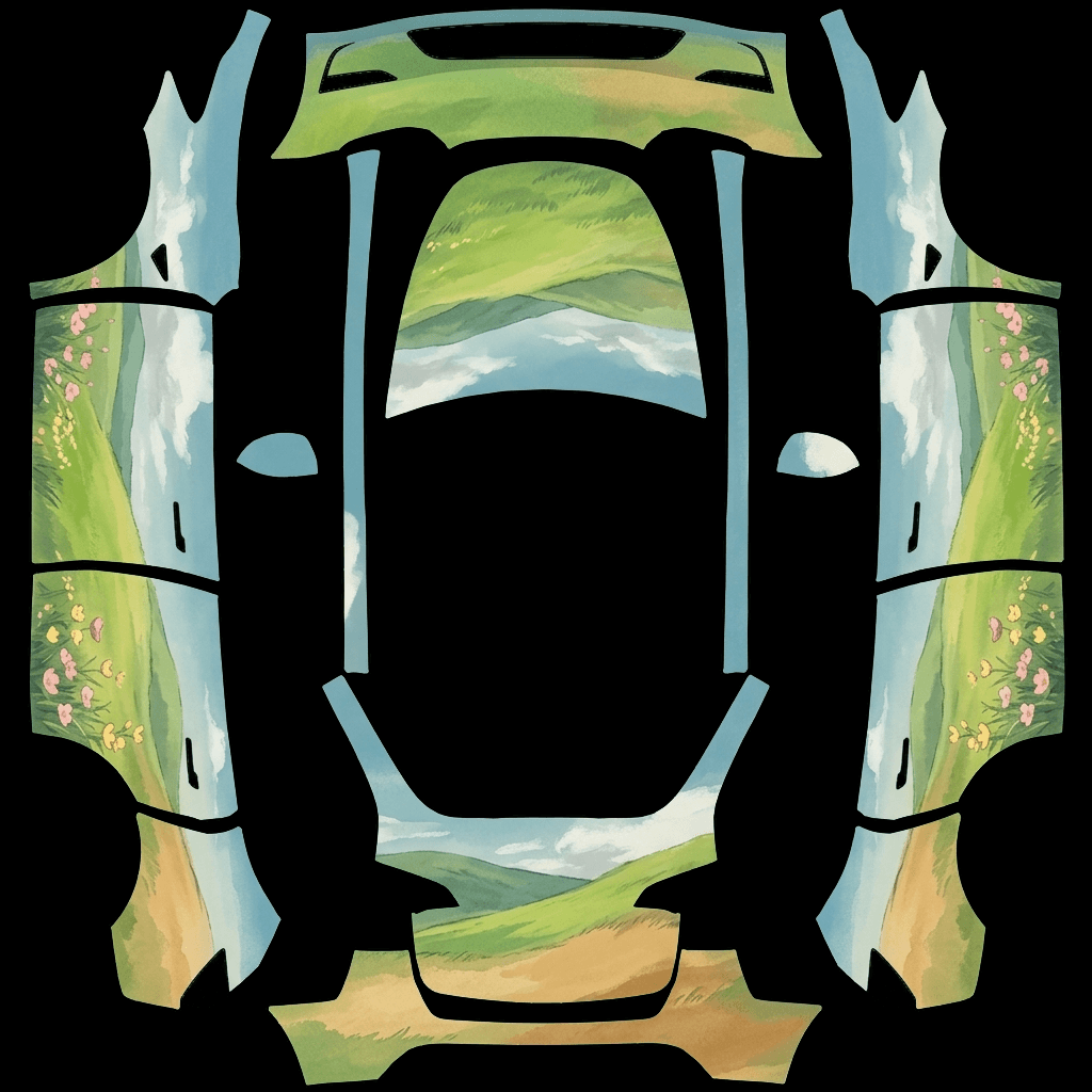 Matte Meadow Watercolor Landscape: flat Tesla Paint Shop wrap file for the Tesla Model Y